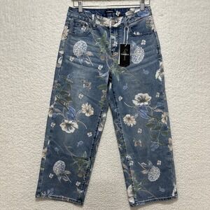 Flamingals Floral Print Straight Leg Mid Rise Cropped Denim Jeans Size‎ Small